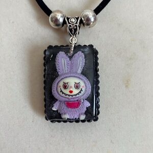 Handmade Kawaii “Labubu” Bunny Pendant with Black Velvet Chain/Extender 16 In.
